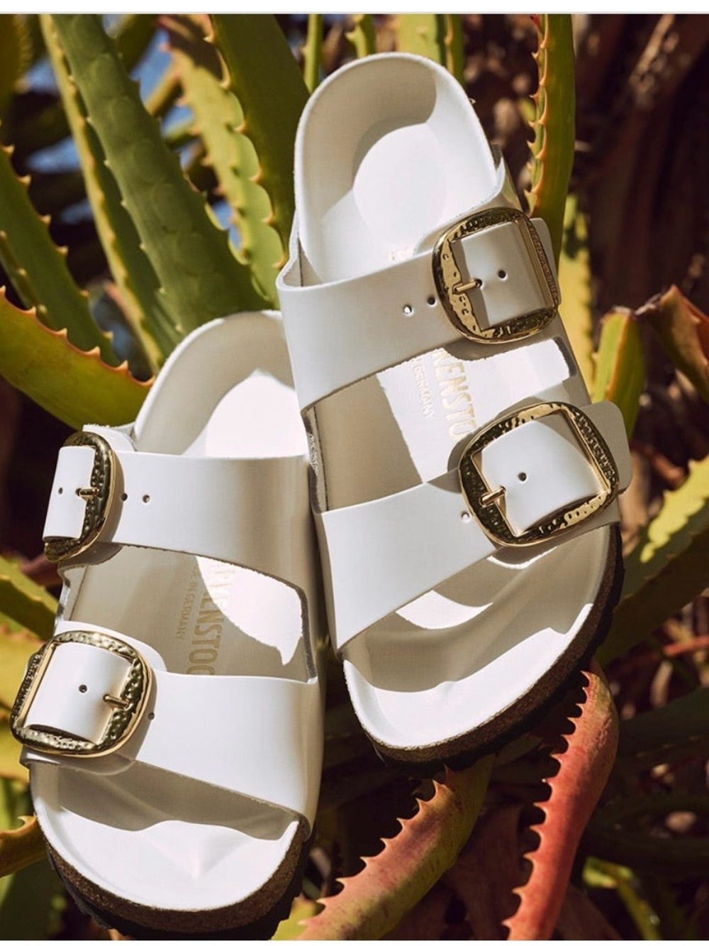 Birkenstock White Arizona Sandals with Gold Buckles